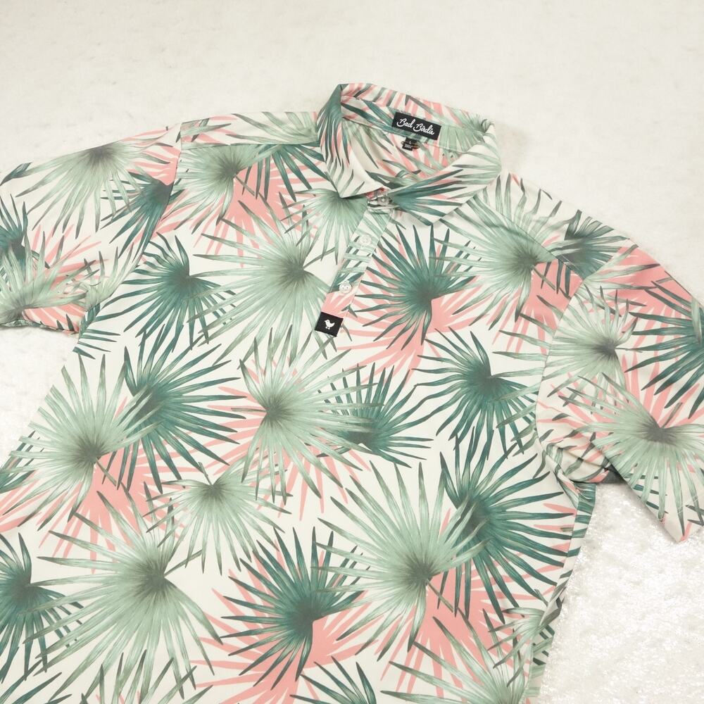 Bad Birdie Polo Shirt Mens Large Green Flowers All Over Print Golf Stretch